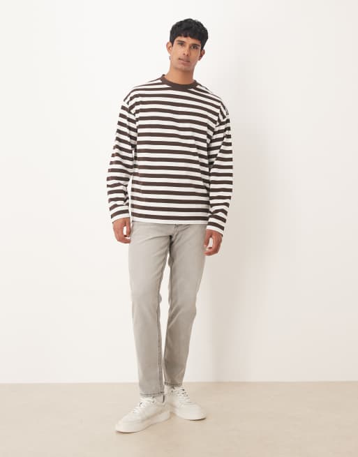 ASOS DESIGN oversized long sleeve T-shirt in brown and ecru stripe