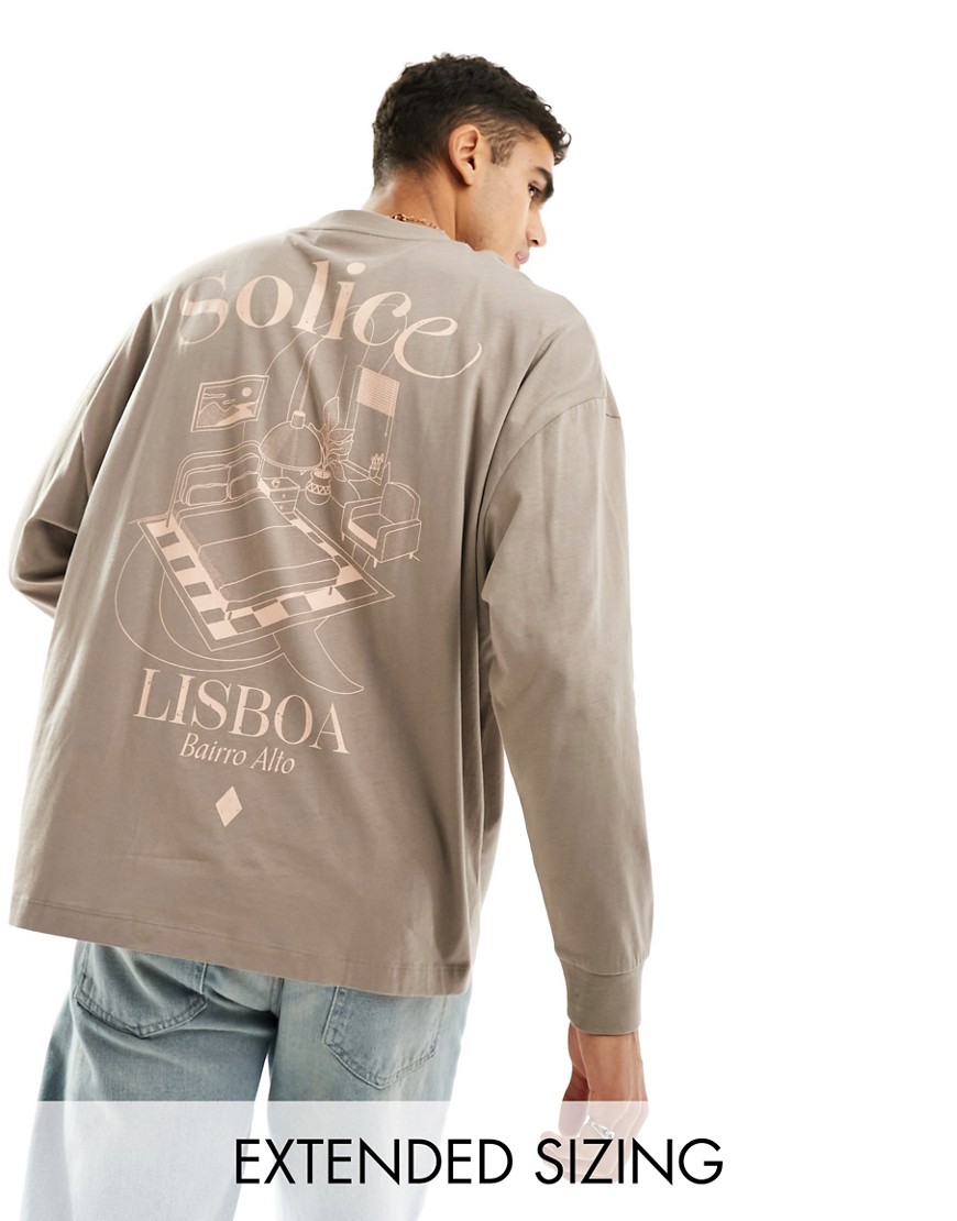 ASOS DESIGN oversized long-sleeve t-shirt in brown with back city graphic