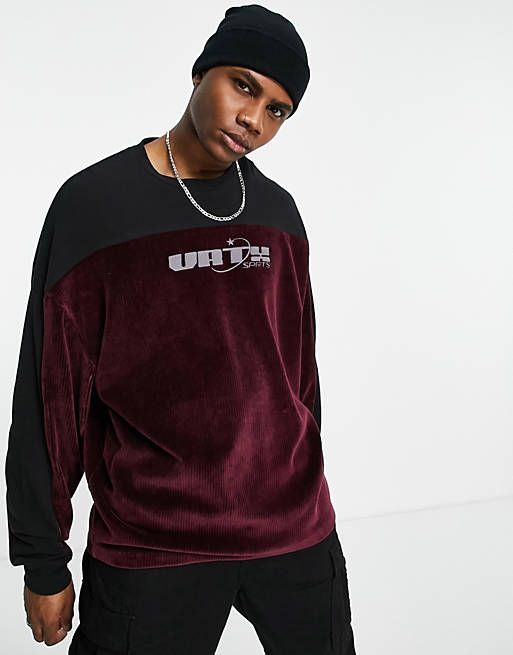  oversized long sleeve t-shirt in burgundy and black colour block in ribbed velour 