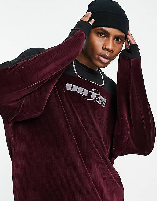  oversized long sleeve t-shirt in burgundy and black colour block in ribbed velour 