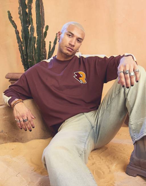 ASOS DESIGN oversized long sleeve T-shirt in burgundy color block with varsity print, 3 of 4