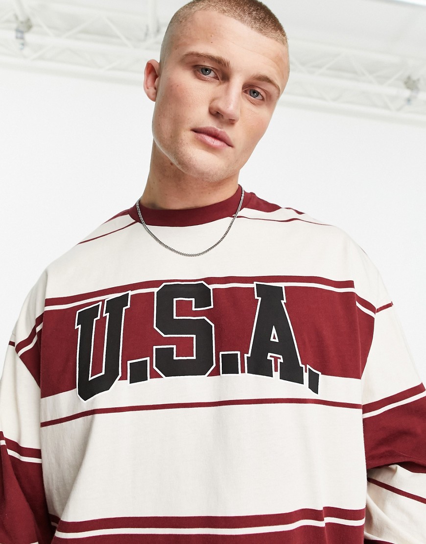ASOS DESIGN oversized long sleeve t-shirt in burgundy stripe with city print-Multi
