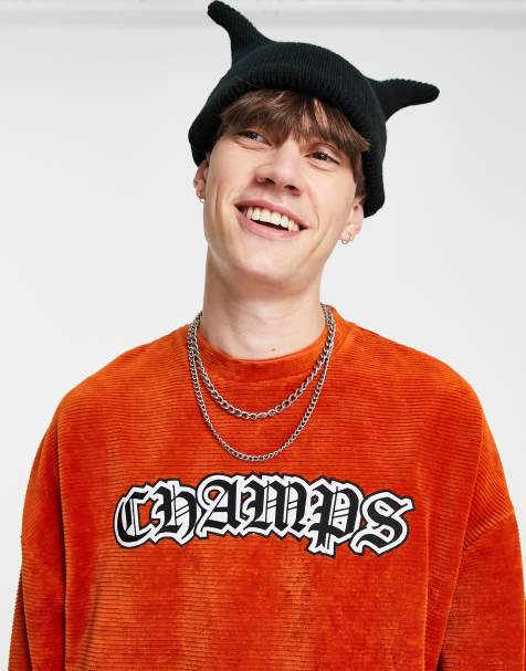 ASOS DESIGN oversized long sleeve t-shirt in burnt orange skinny rib velour with print - view 1