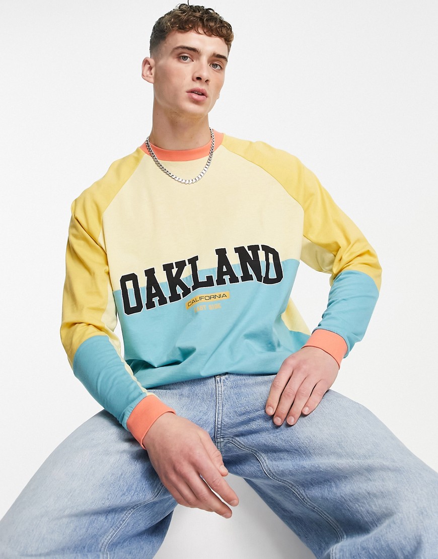 ASOS DESIGN oversized long sleeve T-shirt in color block with collegiate text print-Multi