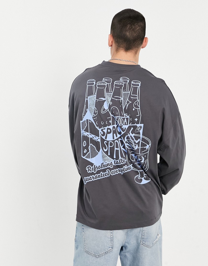 ASOS DESIGN oversized long sleeve t-shirt in dark gray with cartoon soda back print