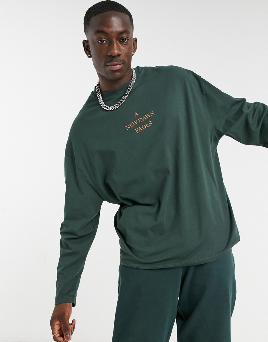 ASOS DESIGN oversized long sleeve t-shirt in forest green with text print