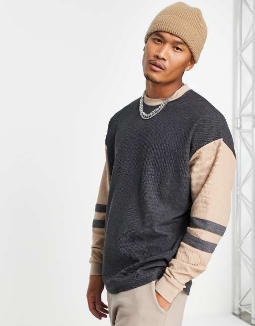 ASOS DESIGN oversized long sleeve t-shirt in gray & beige color block in waffle