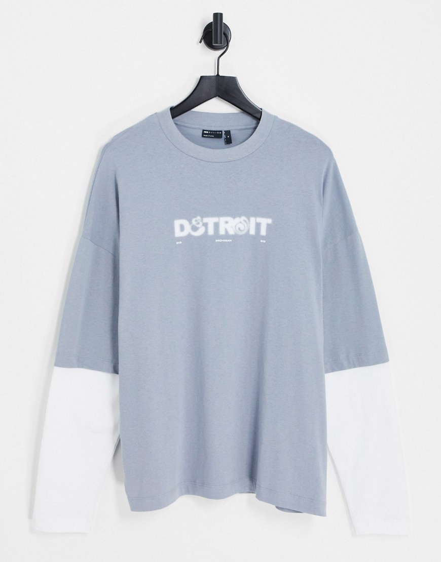 ASOS DESIGN oversized long sleeve t-shirt in gray with double layer sleeve and Detroit city print