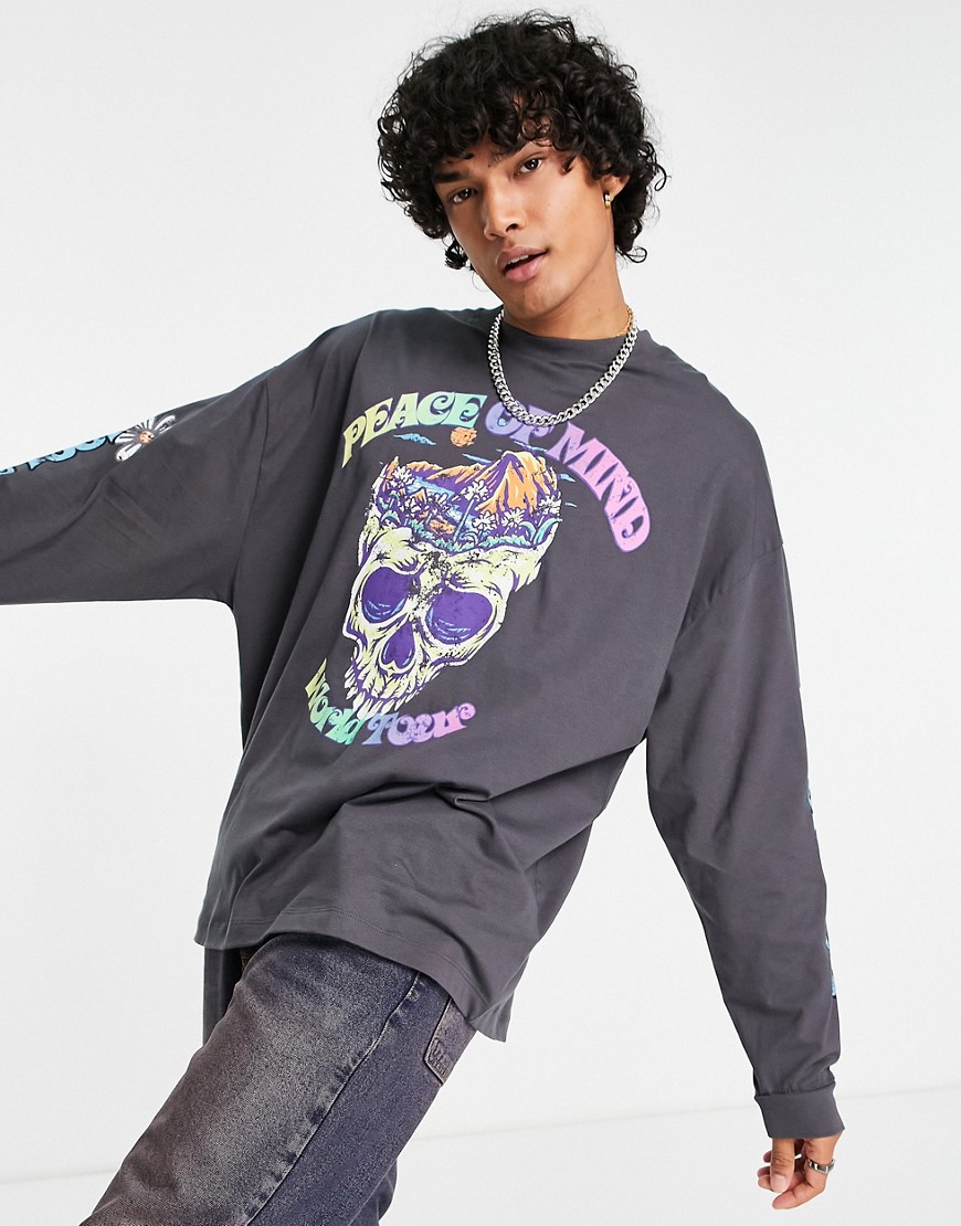 ASOS DESIGN oversized long sleeve T-shirt in gray with skull front & sleeve print-Grey