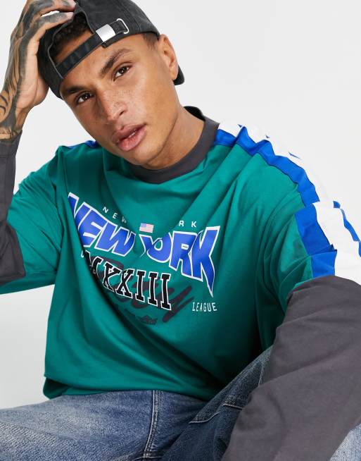 ASOS DESIGN oversized long sleeve T-shirt in green color block with varsity print, 3 of 4