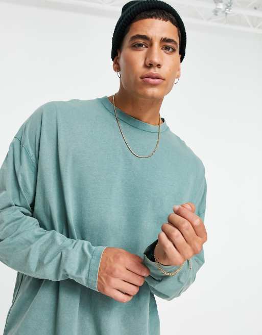 Washed Cotton Crew Neck Long-Sleeve T-Shirt (Oversized)