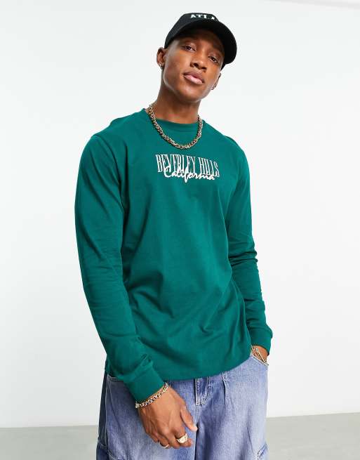 ASOS DESIGN oversized long sleeve t-shirt in green with city chest print