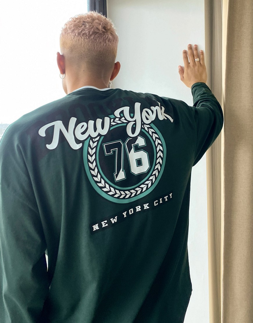 ASOS DESIGN oversized long sleeve t-shirt in green with collegiate New York City print