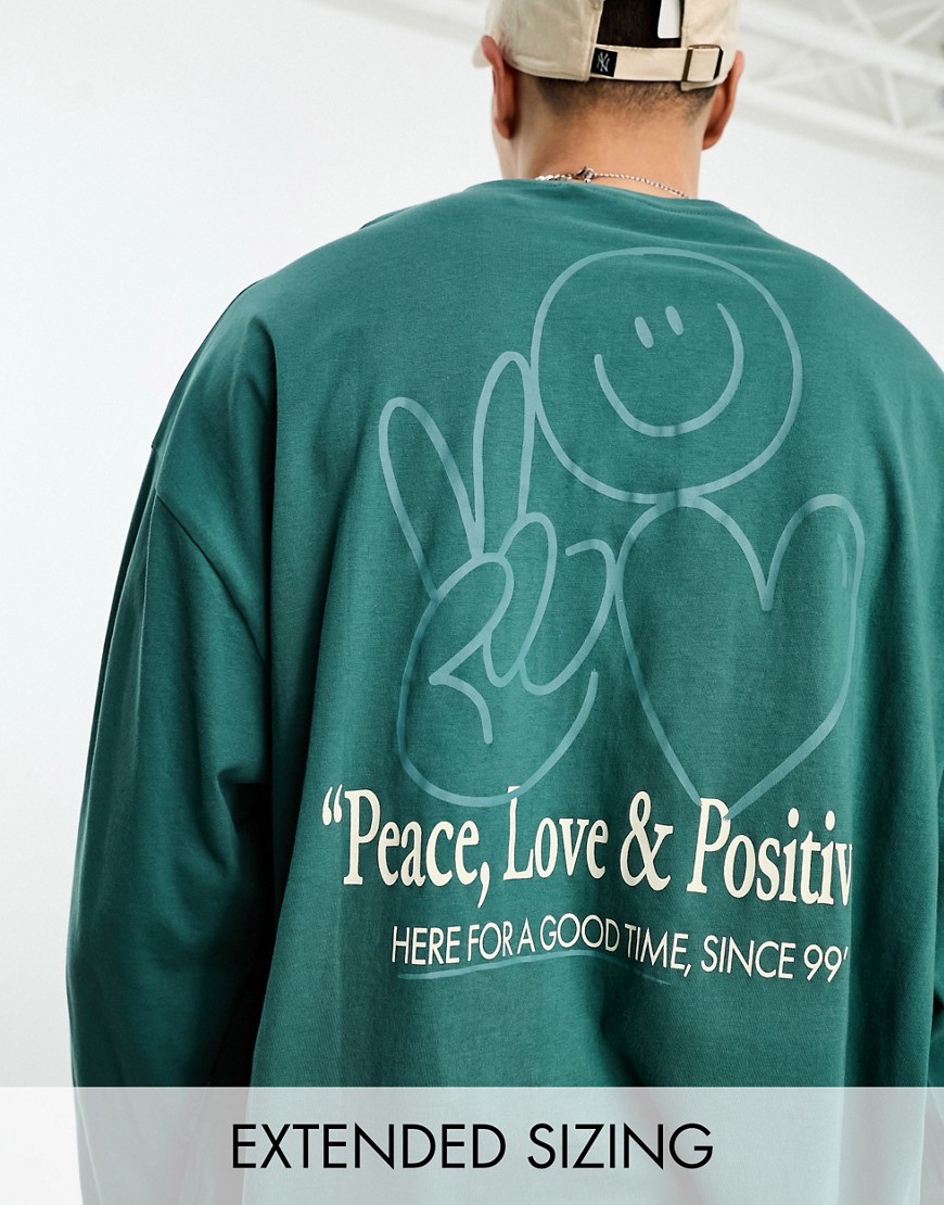 ASOS DESIGN oversized long-sleeve t-shirt in green with peace back print-Neutral