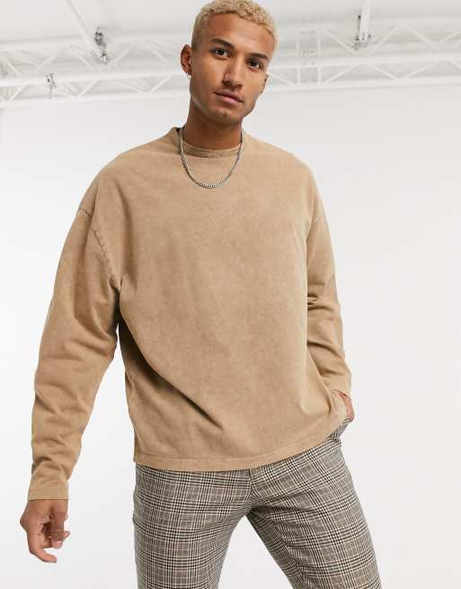 ASOS DESIGN oversized long sleeve t-shirt in heavyweight beige acid wash