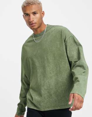 ASOS Design Oversized Polo Long Sleeve T-Shirt in Khaki Acid wash-Green