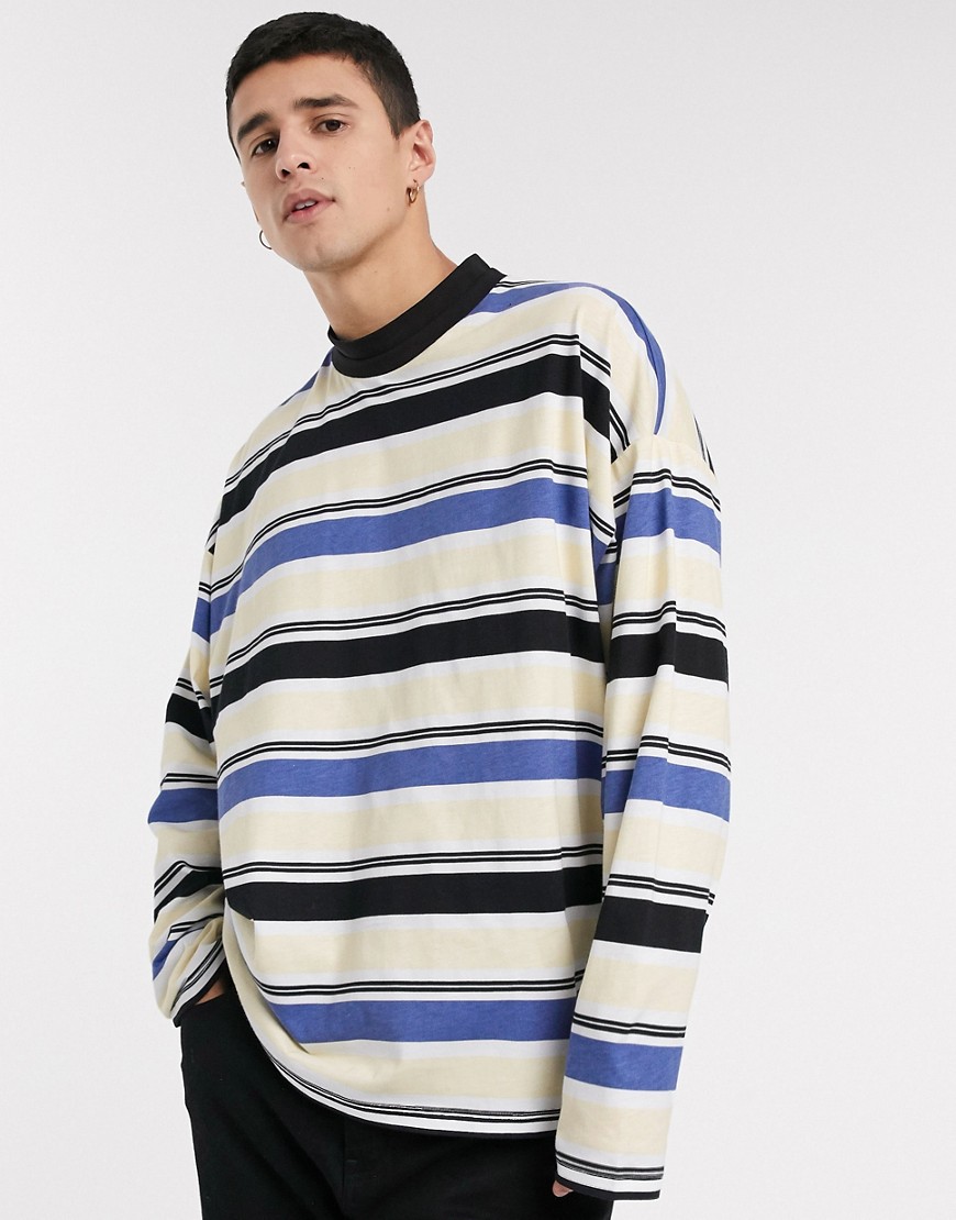 ASOS DESIGN oversized long sleeve t-shirt in horizontal stripe with double layer neck-Blue