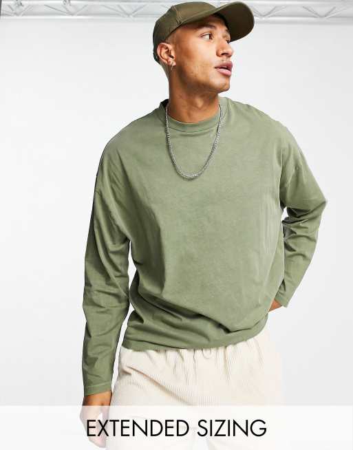 ASOS DESIGN oversized long sleeve t shirt in khaki cotton blend acid wash KHAKI