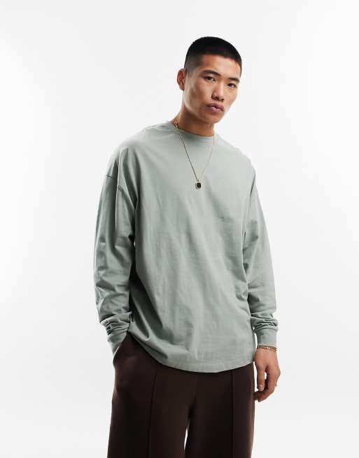 New Look Men's Khaki Crew Neck Long Sleeve Oversized T-Shirt - S