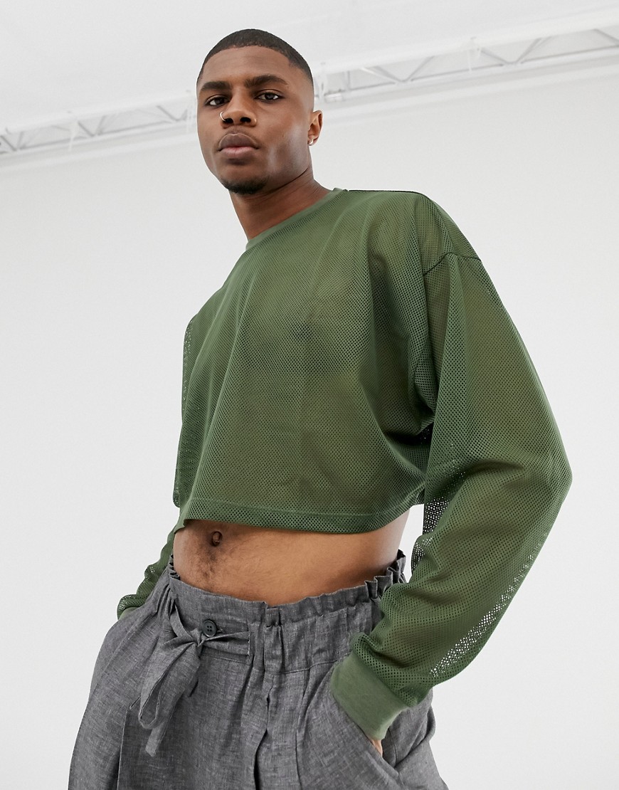 ASOS DESIGN oversized long sleeve t-shirt in khaki mesh-Green