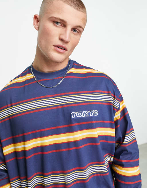 ASOS DESIGN oversized long sleeve t-shirt in navy and yellow stripe with  chest print