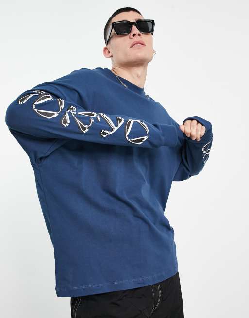 ASOS DESIGN oversized long sleeve t-shirt in navy with Tokyo back & sleeve prints, 4 of 4