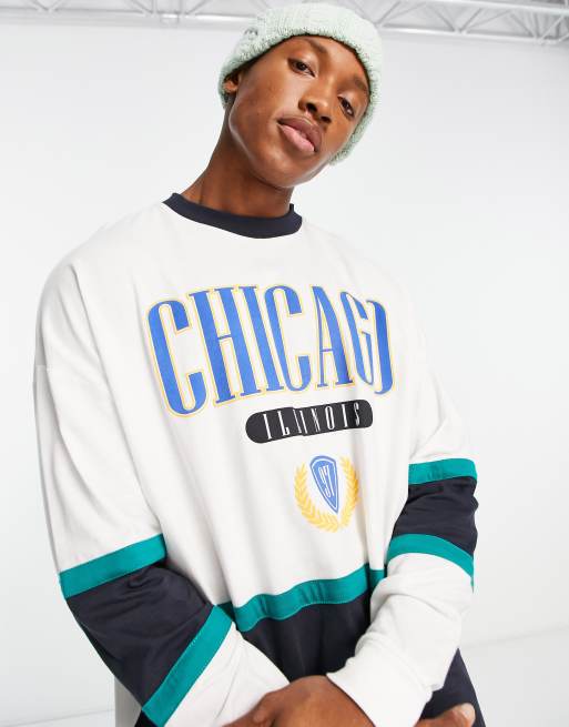 ASOS DESIGN oversized long sleeve t-shirt in off white and black colour block with Chicago city print