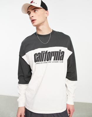 ASOS DESIGN oversized long sleeve T-shirt in off white & black color block with California print