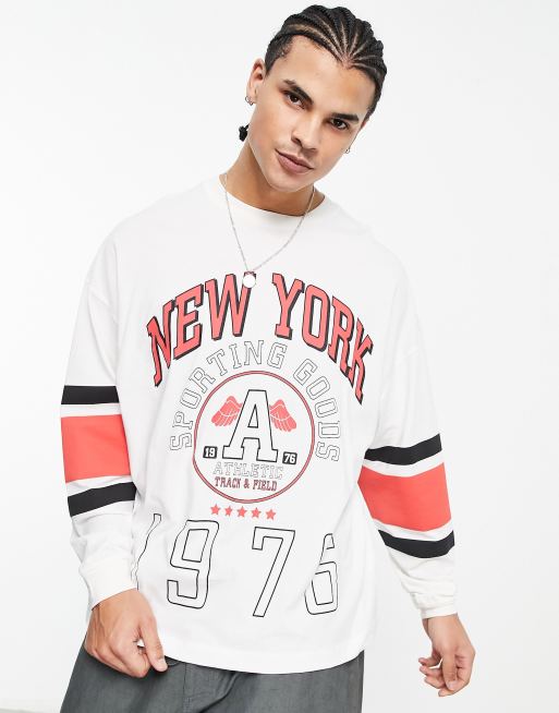 ASOS Design Long Sleeve T-Shirt in Blue Waffle with New York City Print