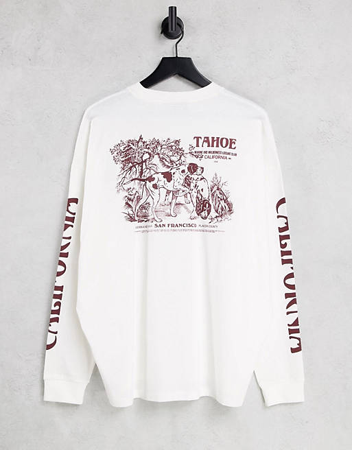  oversized long sleeve t-shirt in off white with outdoors back and sleeve prints - CREAM 