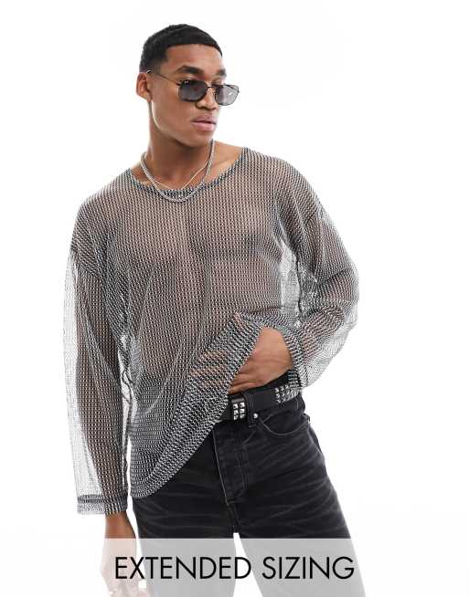 Topman oversized mesh long sleeve t-shirt in black