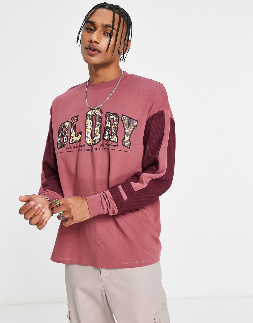 ASOS DESIGN oversized long sleeve t-shirt in pink color block with tie dye text print and waffle sleeve panels-Navy