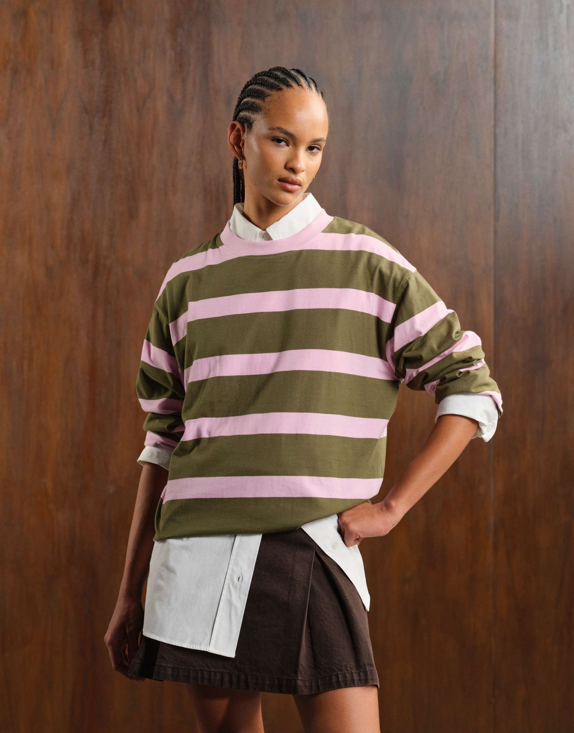 asos design oversized long sleeve t-shirt in pink & khaki stripe
