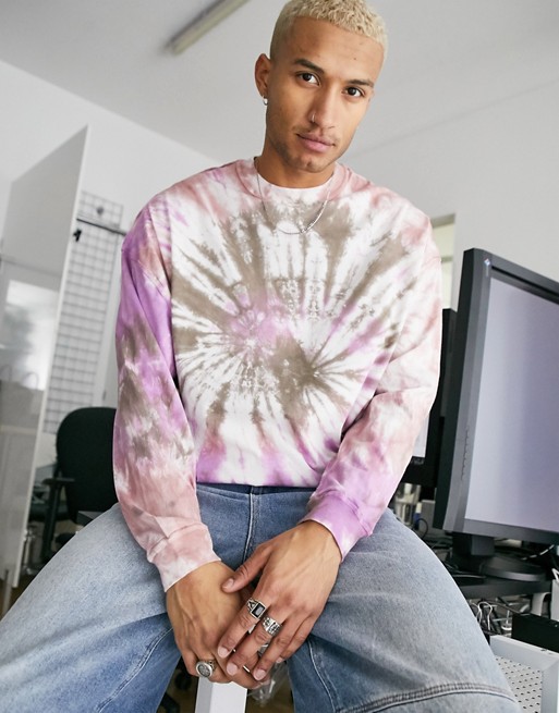 ASOS DESIGN oversized long sleeve t-shirt in pink spiral tie dye