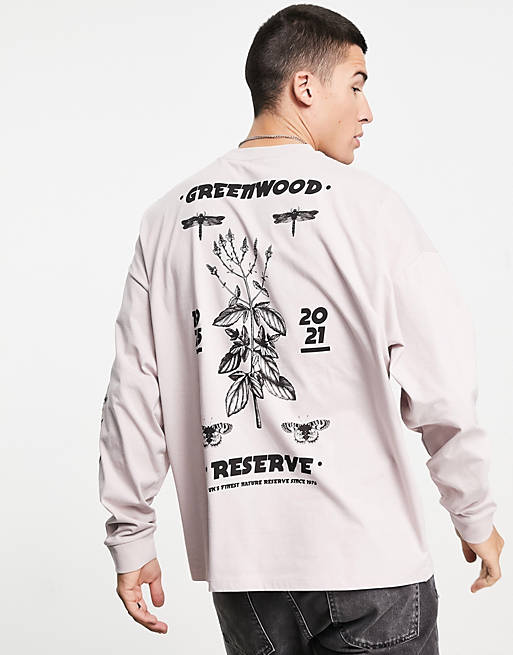  oversized long sleeve t-shirt in pink with botanical back & sleeve prints 