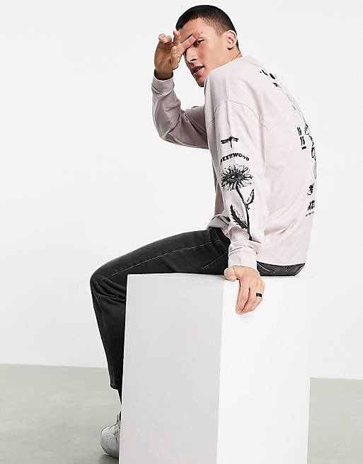  oversized long sleeve t-shirt in pink with botanical back & sleeve prints 
