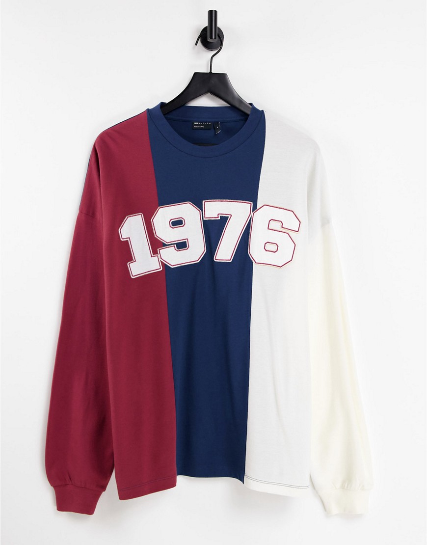 ASOS DESIGN oversized long sleeve t-shirt in pique color block and text applique-Multi