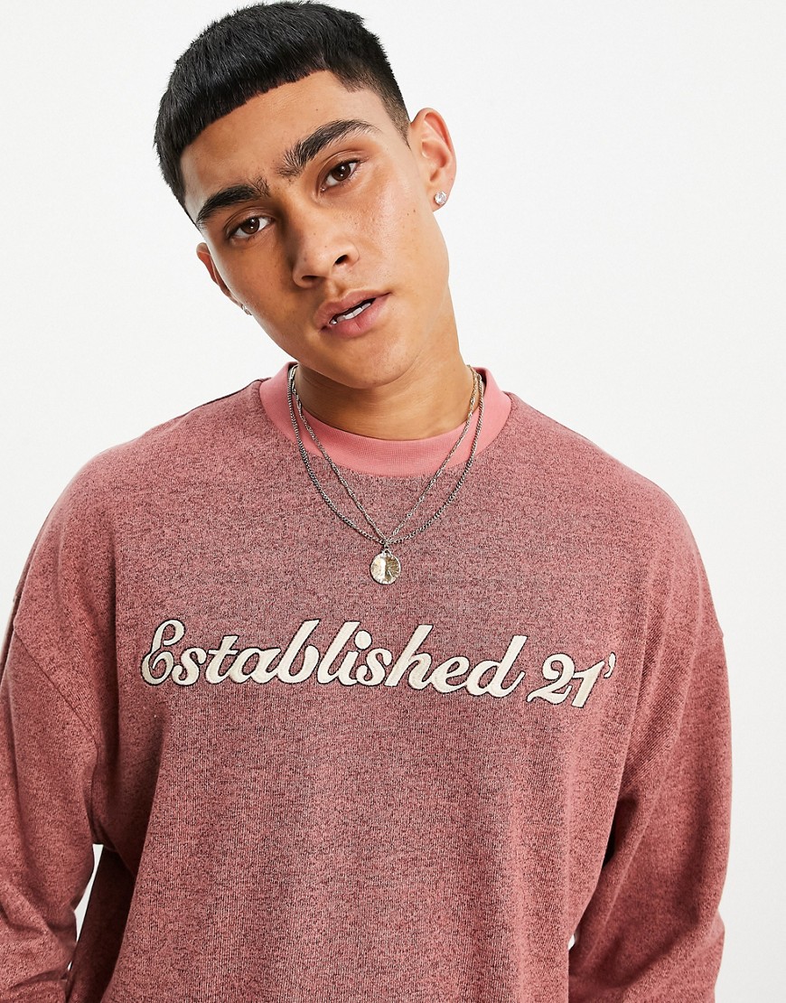 ASOS DESIGN oversized long sleeve t-shirt in red brushed heather with text print