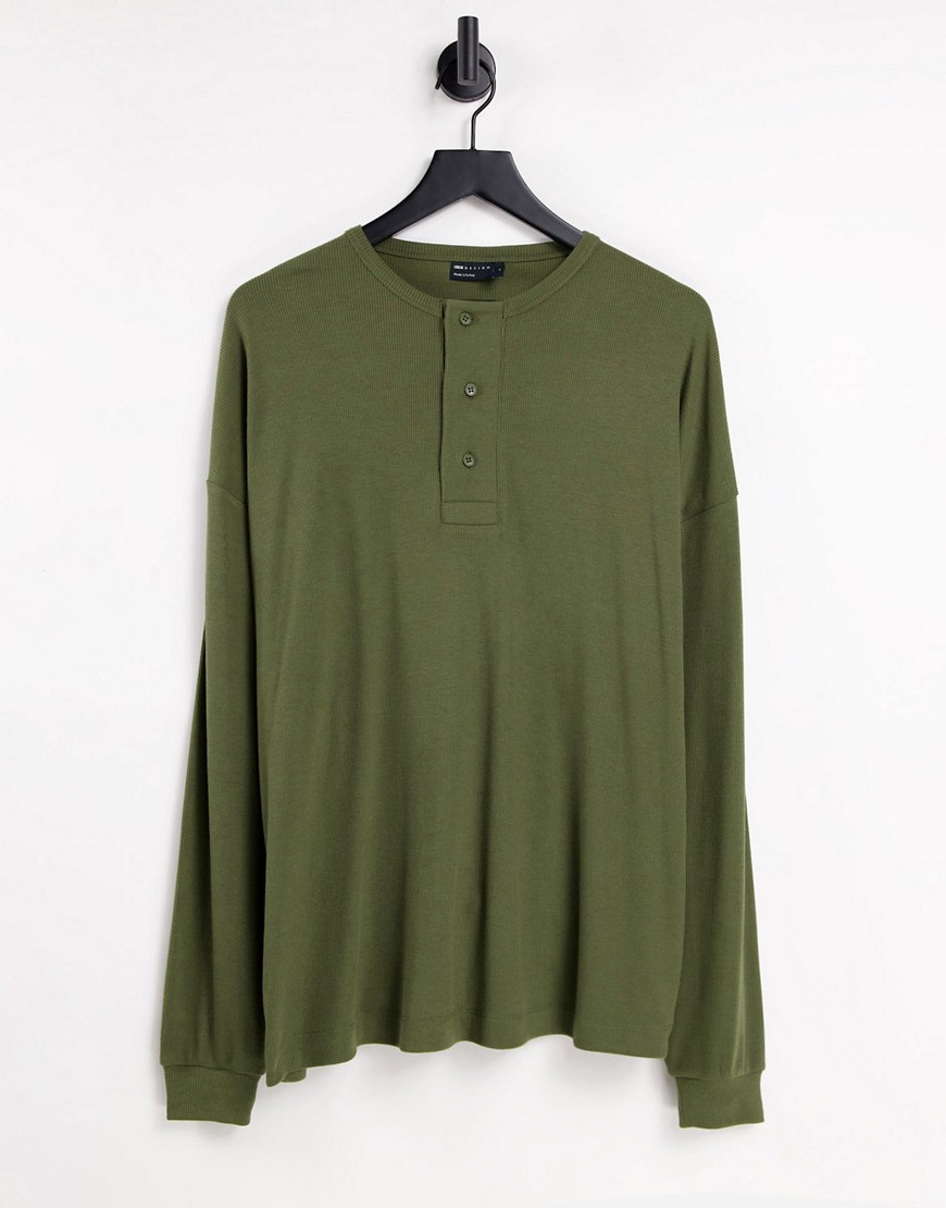 ASOS DESIGN oversized long sleeve t-shirt in rib in khaki-Green
