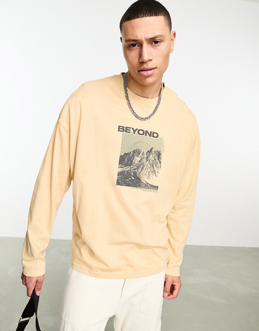 ASOS DESIGN oversized long-sleeve t-shirt in stone with mountain print-Neutral