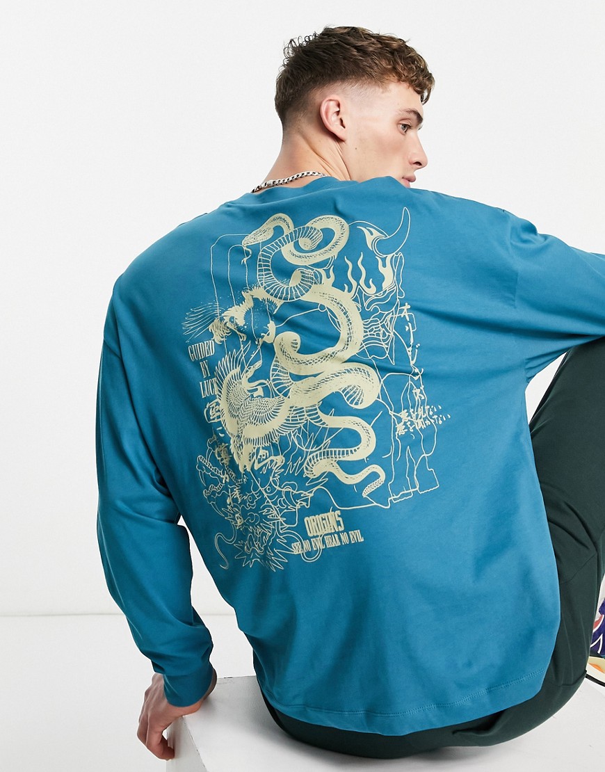 ASOS DESIGN oversized long sleeve T-shirt in teal with snake back print-Green