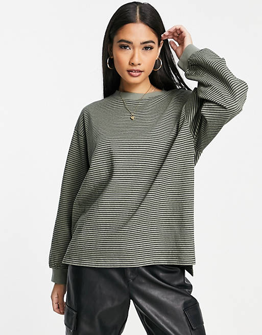 Women oversized long sleeve t-shirt in textured stripe in khaki 