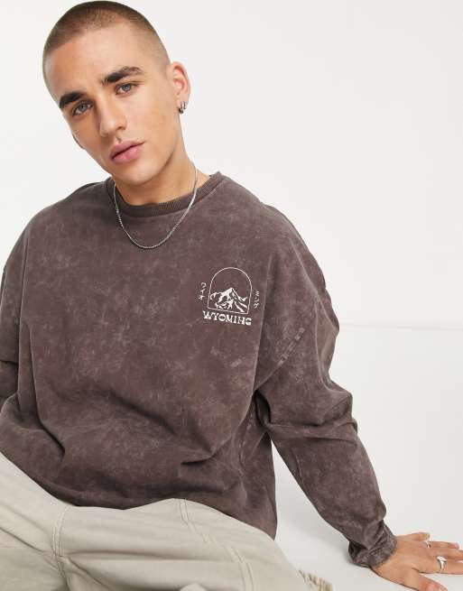 ASOS DESIGN oversized long sleeve t-shirt in washed brown with chest print