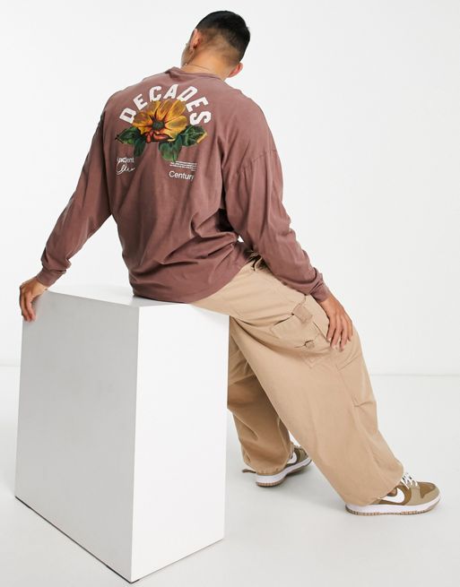 ASOS Design Oversized T-Shirt with Back Flower Print in Dark Beige-Brown
