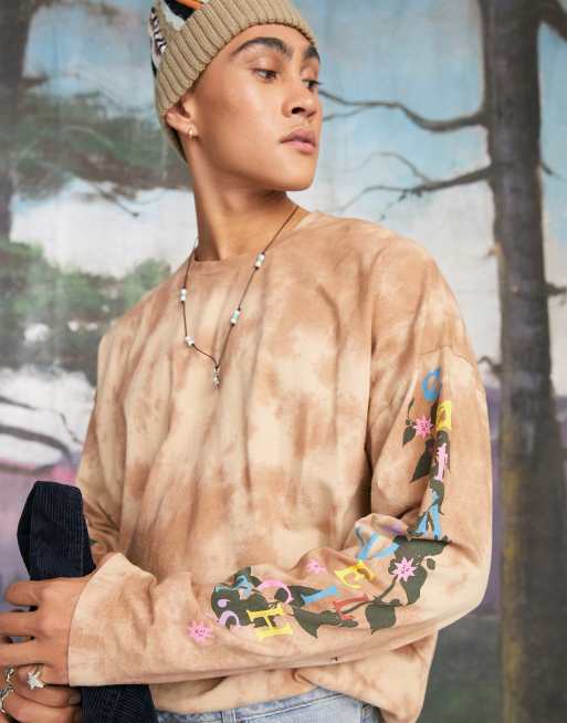 ASOS DESIGN oversized long sleeve T-shirt in washed brown with floral sleeve print