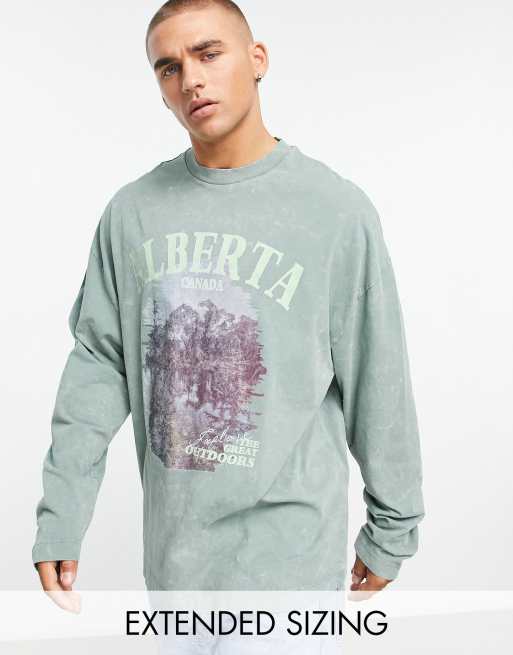 ASOS DESIGN oversized long sleeve t-shirt in washed green with Alberta front & back print