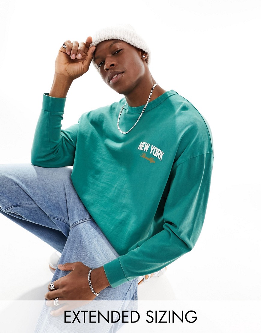 ASOS DESIGN oversized long sleeve t-shirt in washed green with front city print
