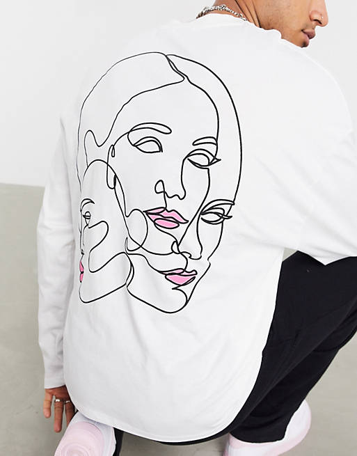 ASOS DESIGN oversized long sleeve t-shirt in white with line drawing ...