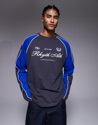 Asos Design Oversized Long Sleeve T-shirt Paneling Detail And Sports Graphic Charcoal And Blue-gray
