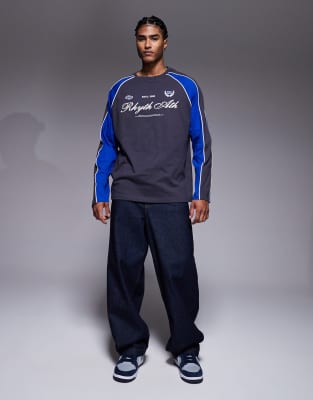 Asos Design Oversized Long Sleeve T-shirt Paneling Detail And Sports Graphic Charcoal And Blue-gray In Blue